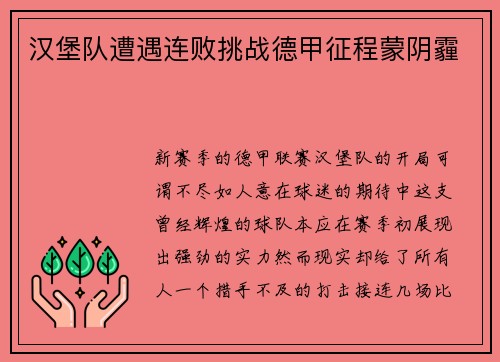 汉堡队遭遇连败挑战德甲征程蒙阴霾